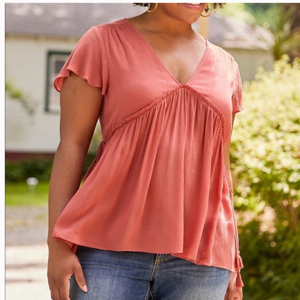•MATILDA JANE•ROSE WILLOW SWING TOP, V-NECK SIDE TIE TASSLE SIZE MEDIUM EUC
